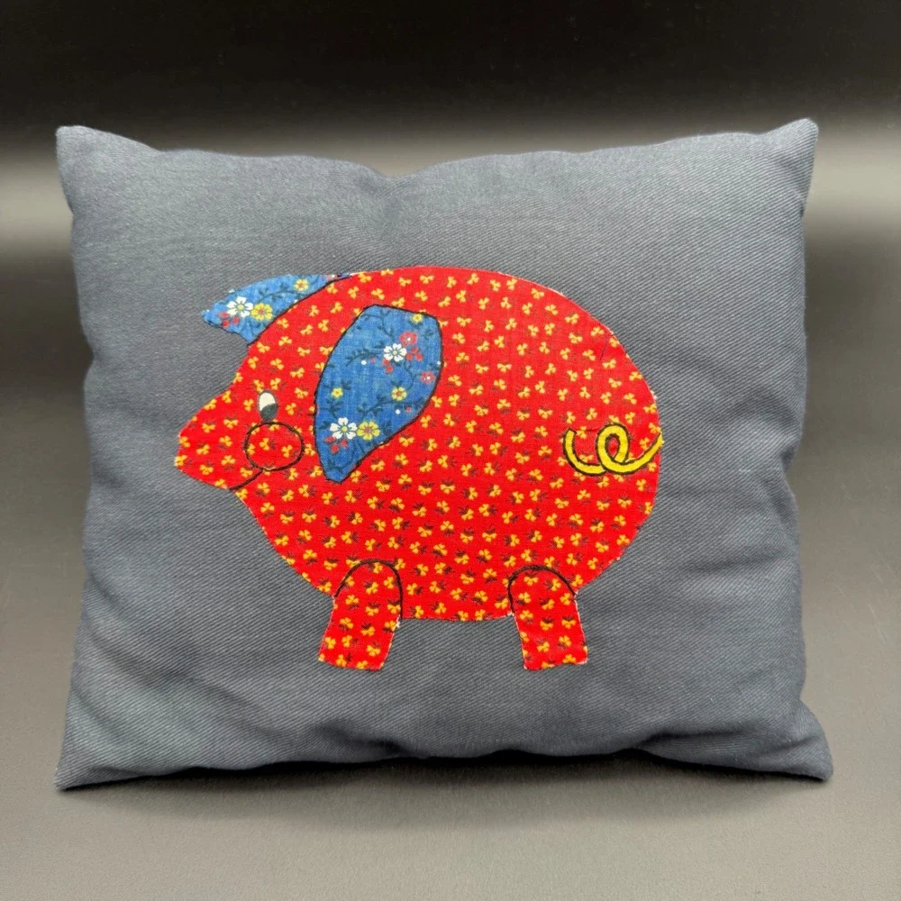 Vintage Handmade Pig Applique Throw Pillow Cottage Farmhouse Red Floral Denim